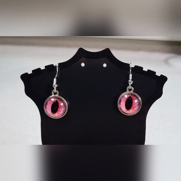 Pink Cat Eye Dangle Earrings - Handmade Statement Jewelry - Picture 2 of 6